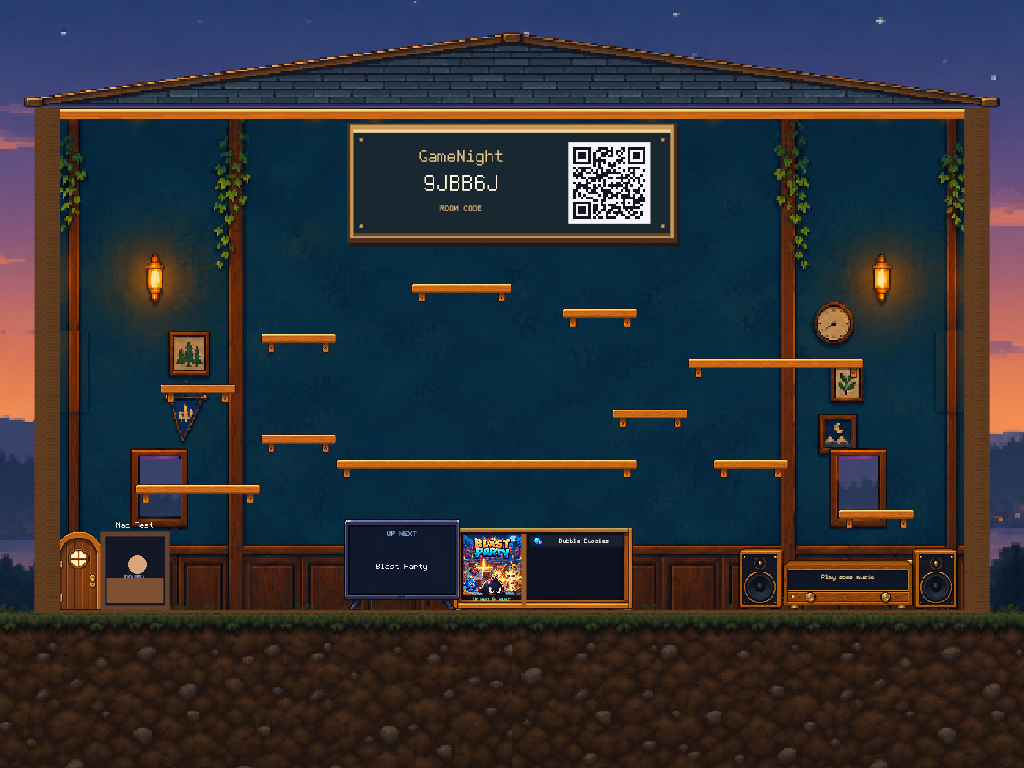 The GameNight lobby: a pixel-art room with game screens, platforms and a room-code board.